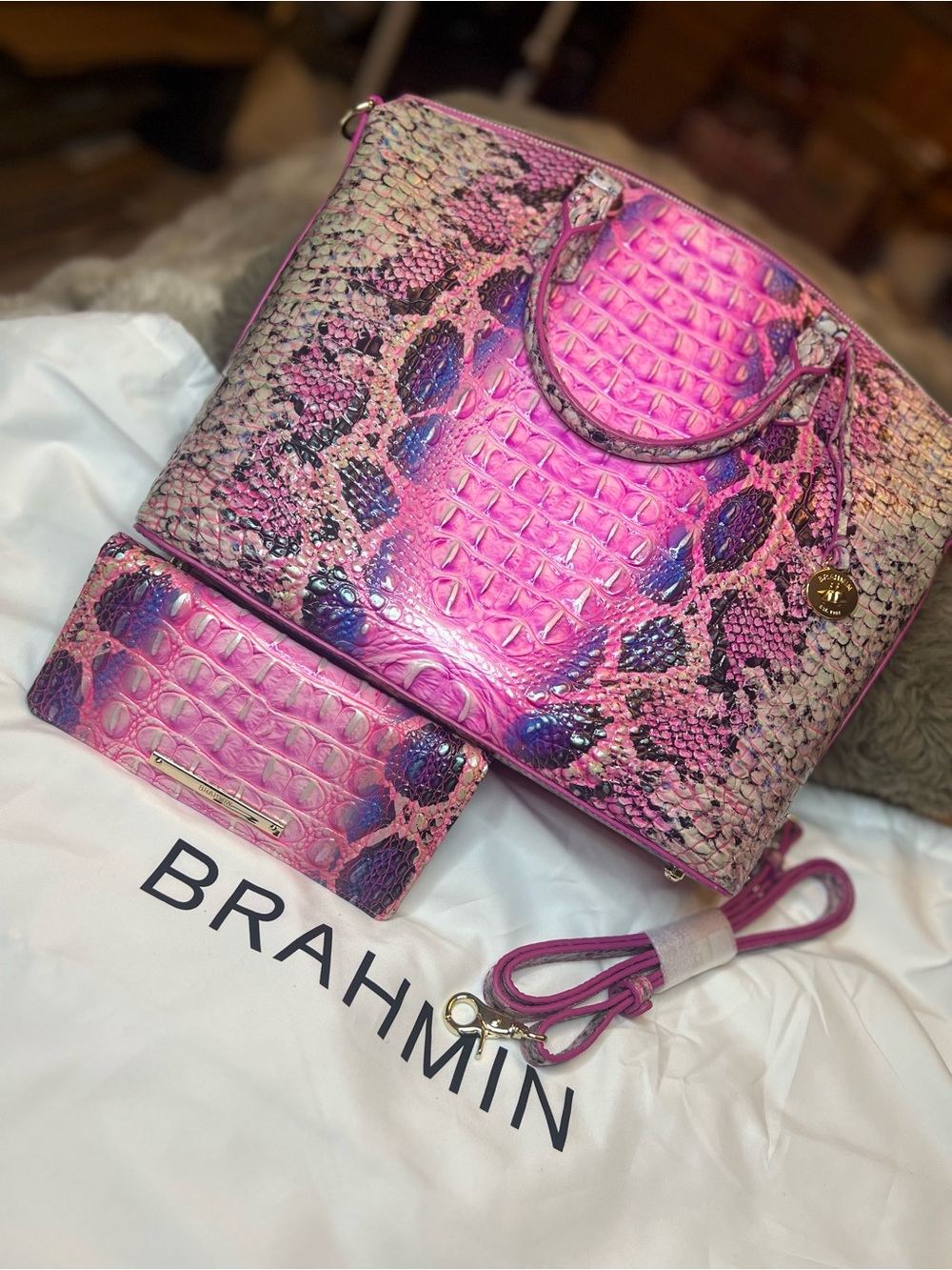 NWOT Brahmin Lg Duxbury Satchel Pink Cobra Melbourne w Matching Wallet MSRP $580
